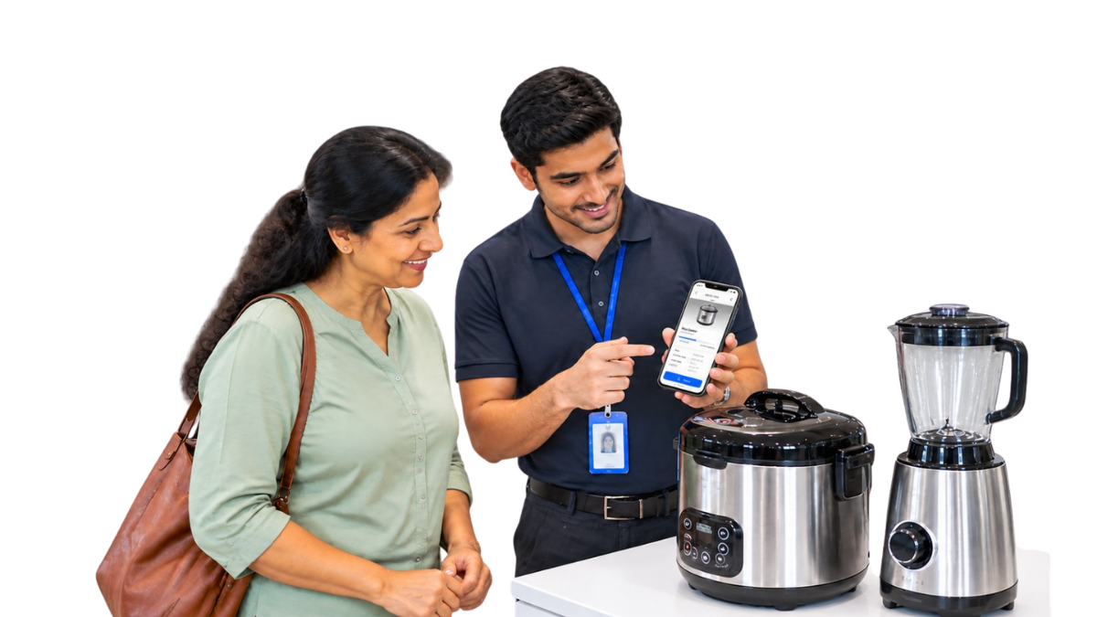 Technician and customer inspecting appliances