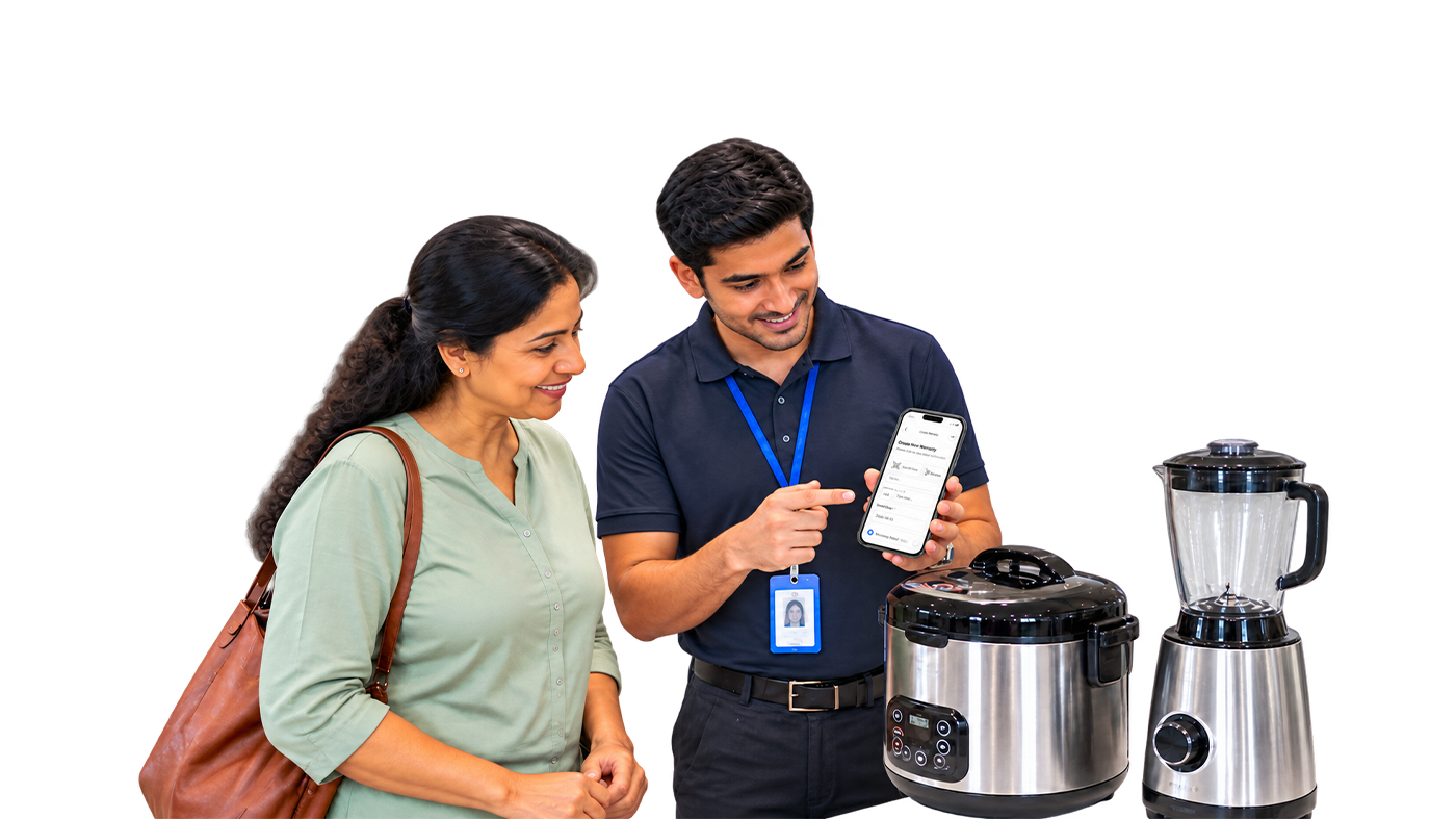Technician and customer inspecting appliances